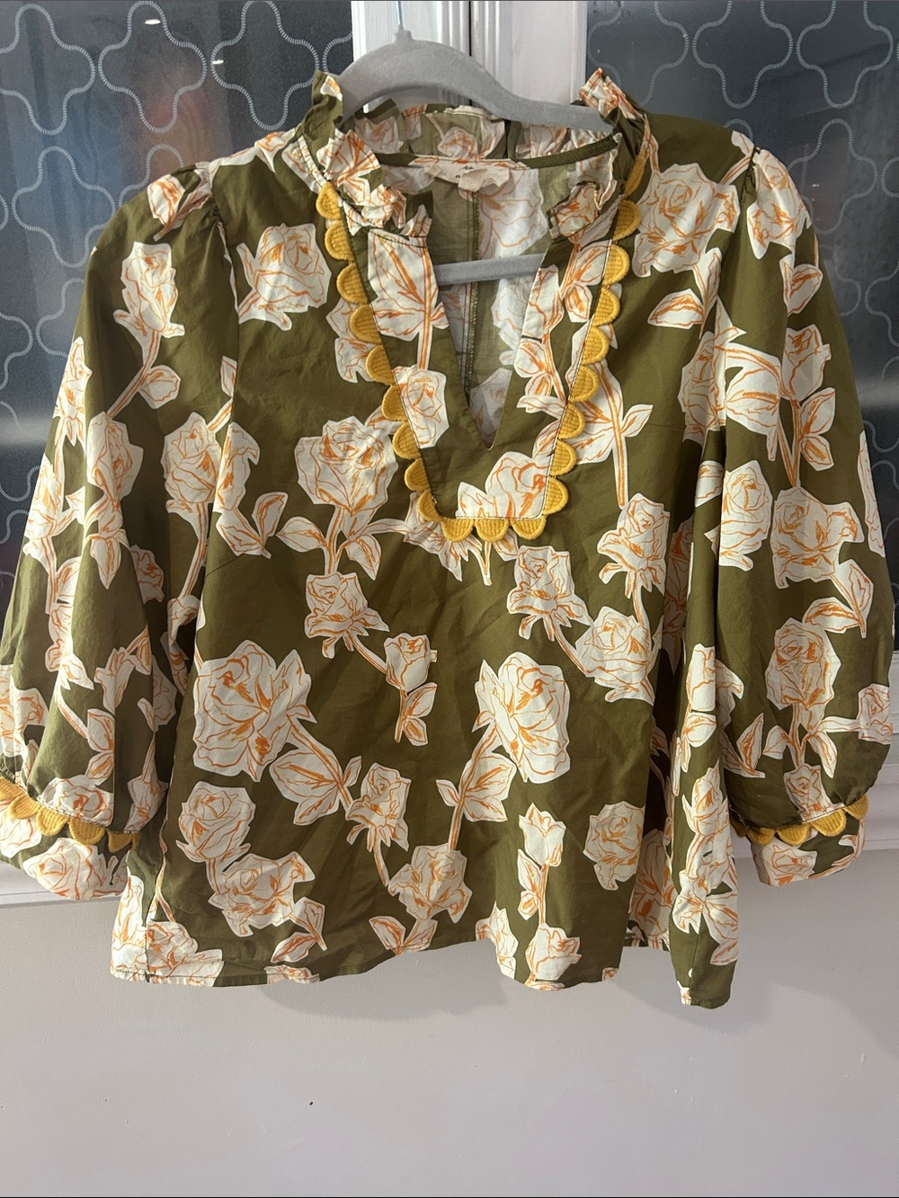 entro Olive Green Floral Blouse with Yellow Trim